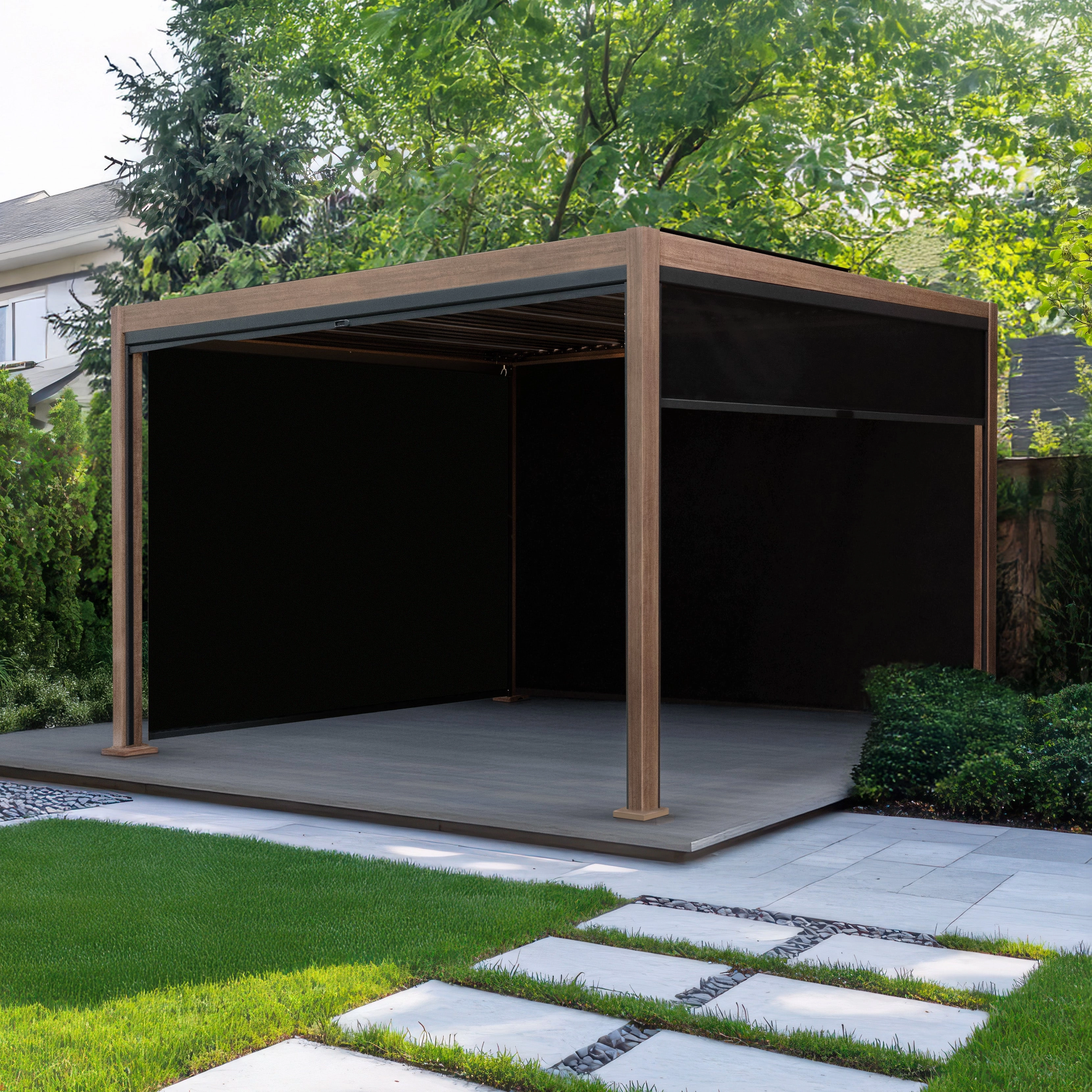 Wood Effect Aluminium Pergola With Blinds - 3m x 3m