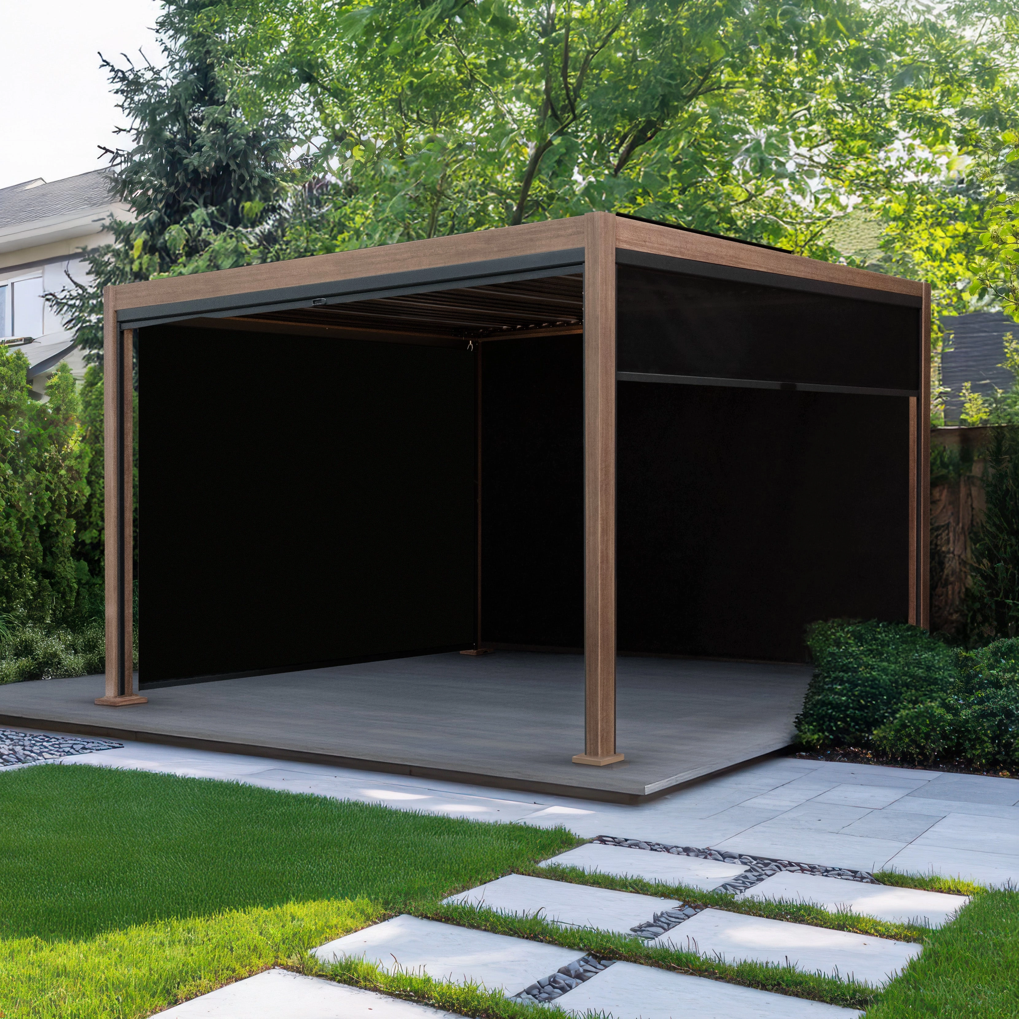Wood Effect Aluminium Pergola With Blinds - 4m x 3m