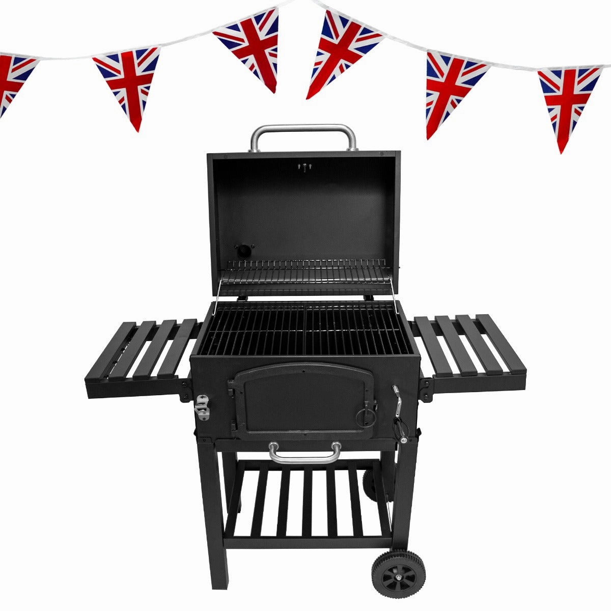 XL BBQ Smoker Grill & Union Jack Bunting luxury outdoor cooking system setup